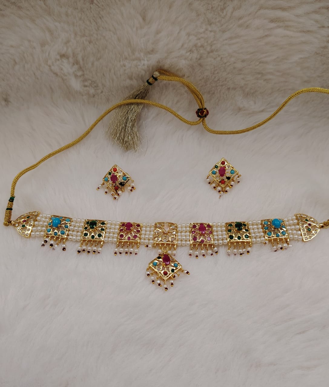 Hyderabadi pearl navratan(multicolor) jadau hexa-necklace set 