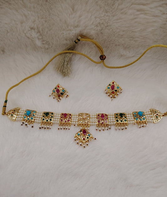 Hyderabadi pearl navratan(multicolor) jadau hexa-necklace set 