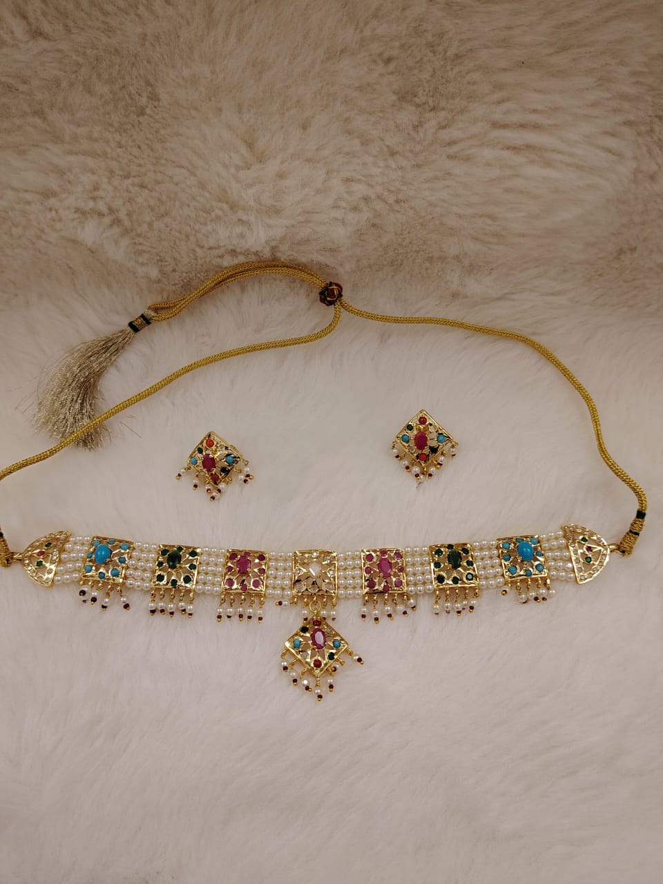 Hyderabadi pearl navratan(multicolor)stones jadau hexa-necklace set