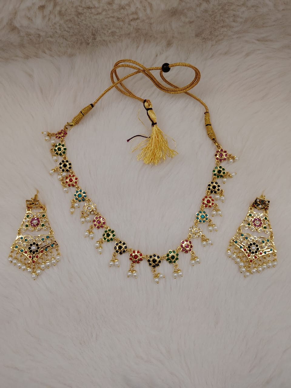 Handmade neckfit pearl choker set with navratan(multicolor) gemstones