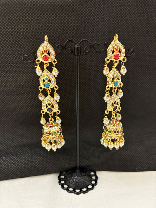 hyderabadi jadau navratan(multicolor) stones and pearls jhumka