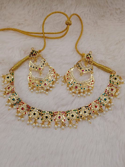Hyderabadi pearl navratan (multicolor) necklace with chandlier earrings