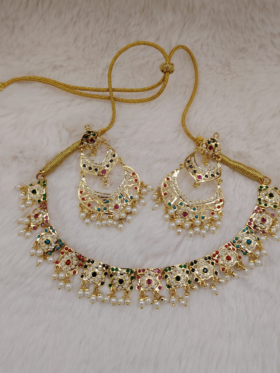 Hyderabadi pearl navratan (multicolor) necklace with chandlier earrings