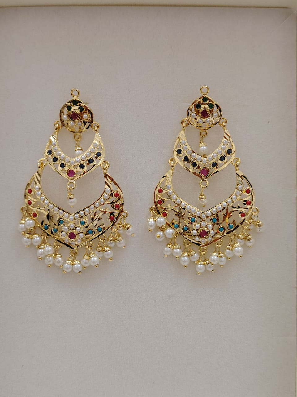 Hyderabadi pearl navratan (multicolor) necklace with chandlier earrings
