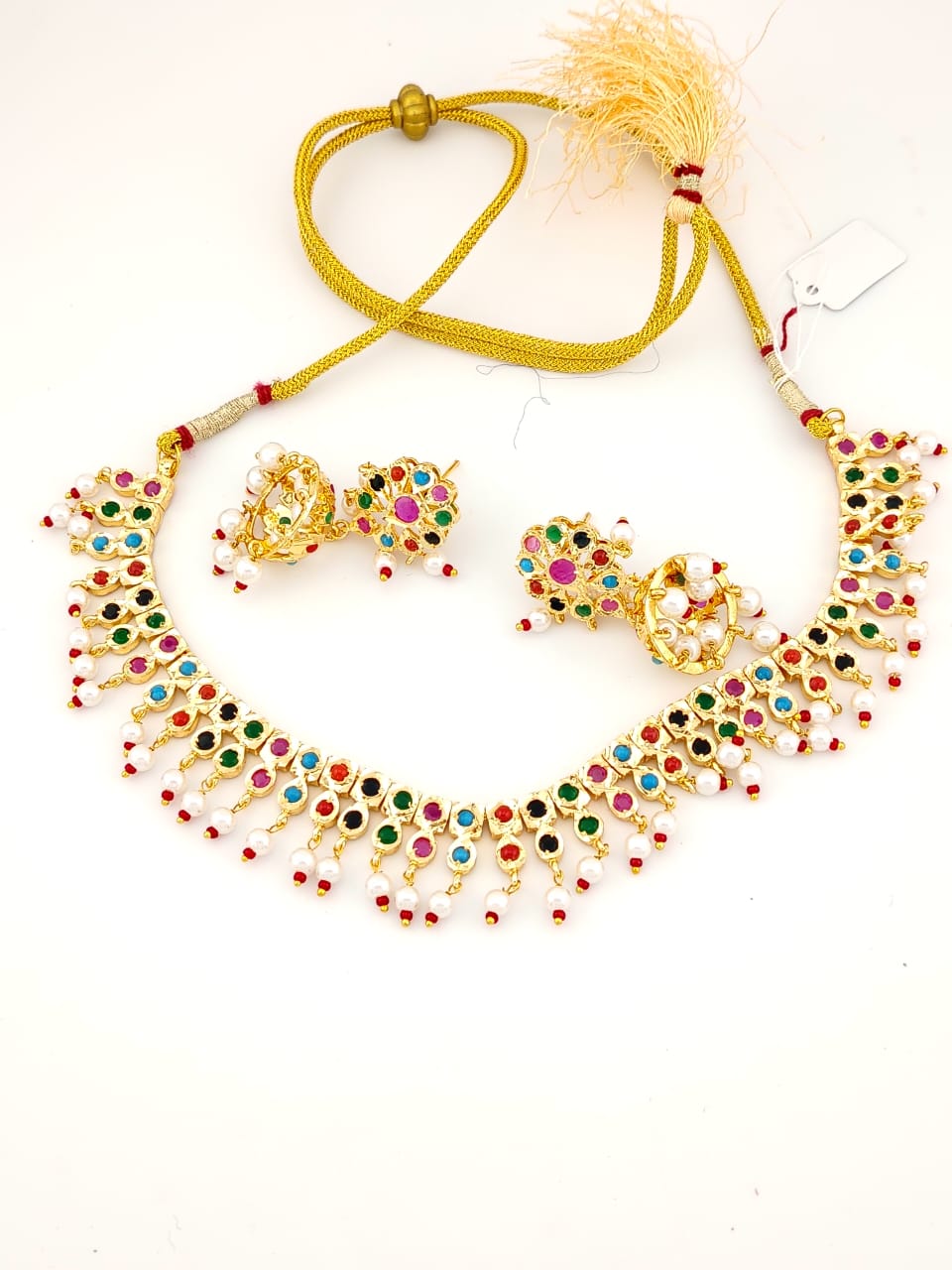 Navratan(muticolor) jadau necklace with jhumkis