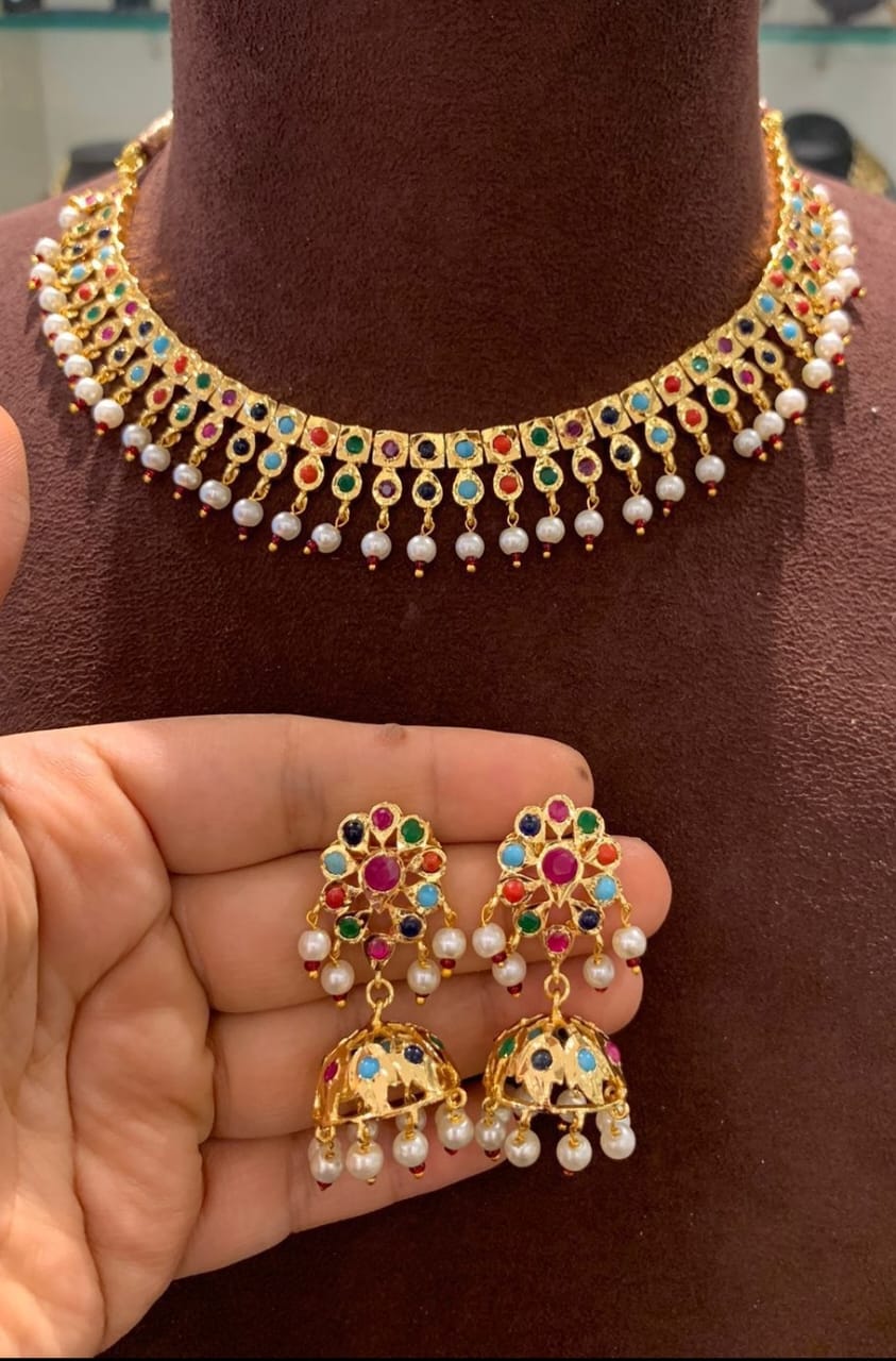 Navratan(multicolor) jadau neckace with jhumkis