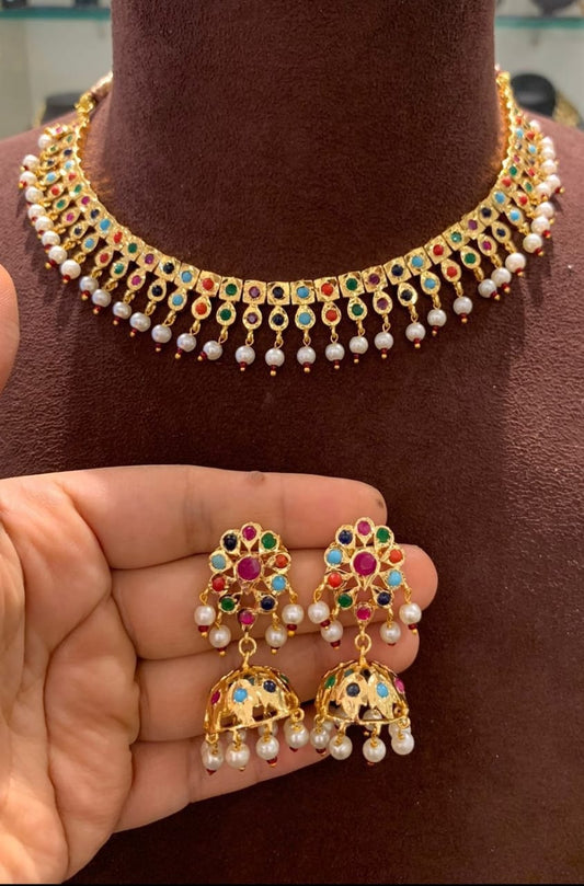 Navratan(multicolor) jadau neckace with jhumkis