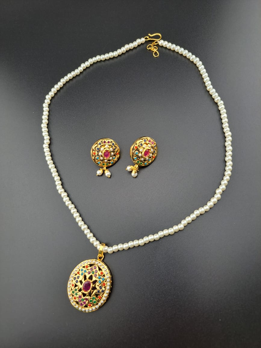 Navratan stones(multi-color) pendant set with pearl mala.