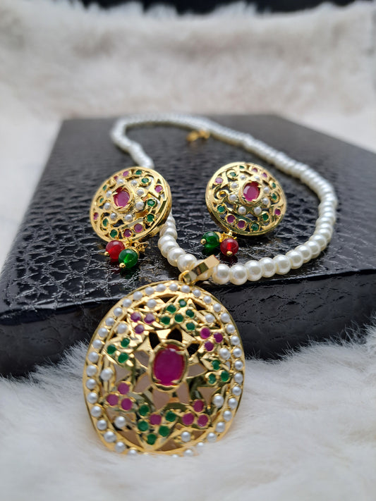 Navratan stones(multi-color) pendant set with pearl mala.