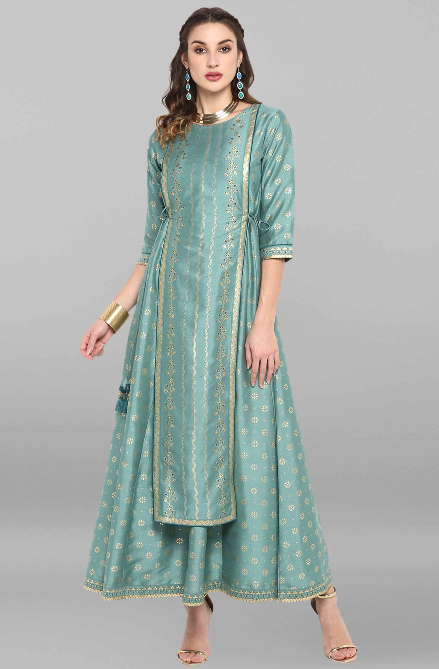 Crepe silk ethnic dress in pastel green with foil print