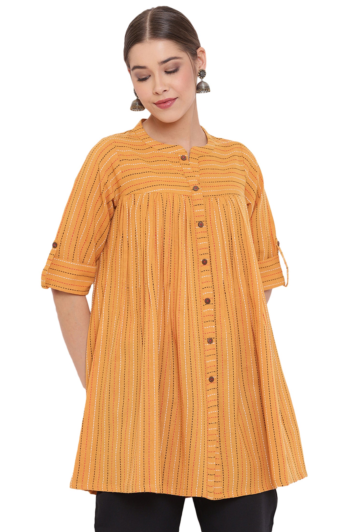 Linen cotton tunic top in mustard yellow