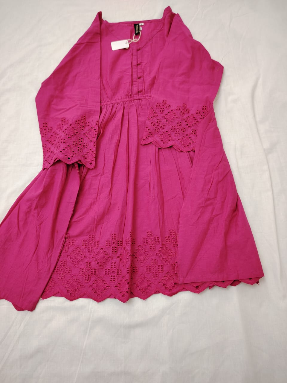 Cotton schiffli work tunic in dark pink