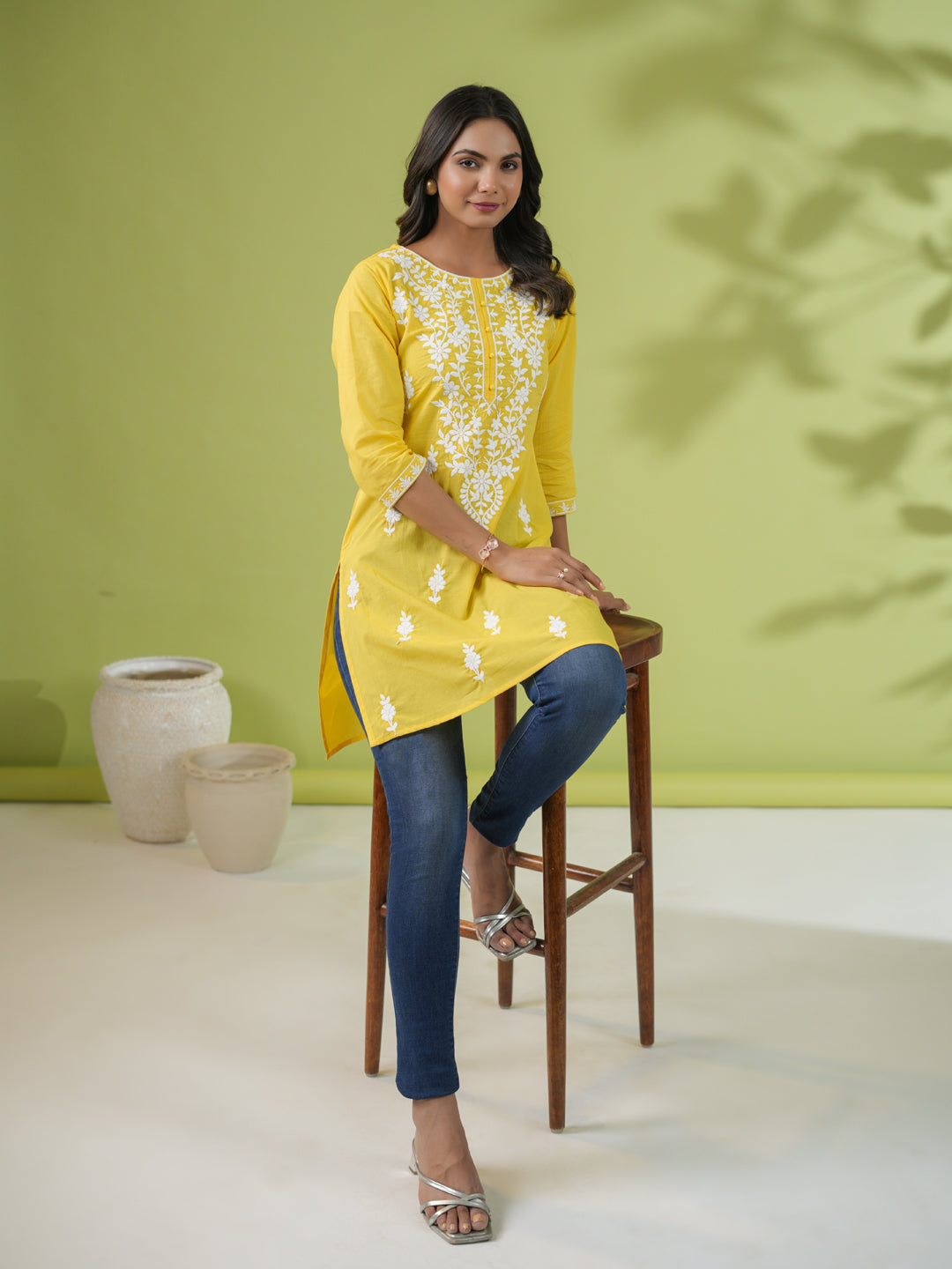 Cotton short kurti with chikan embroidery in yellow