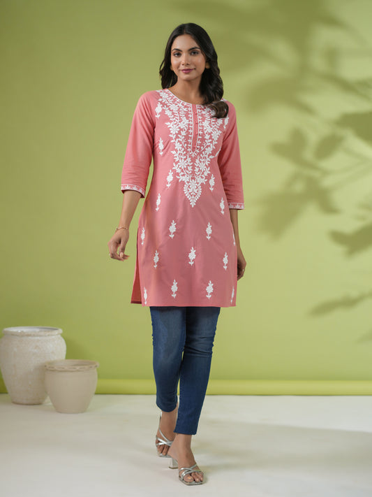 Cotton short kurti with chikan embroidery in peach