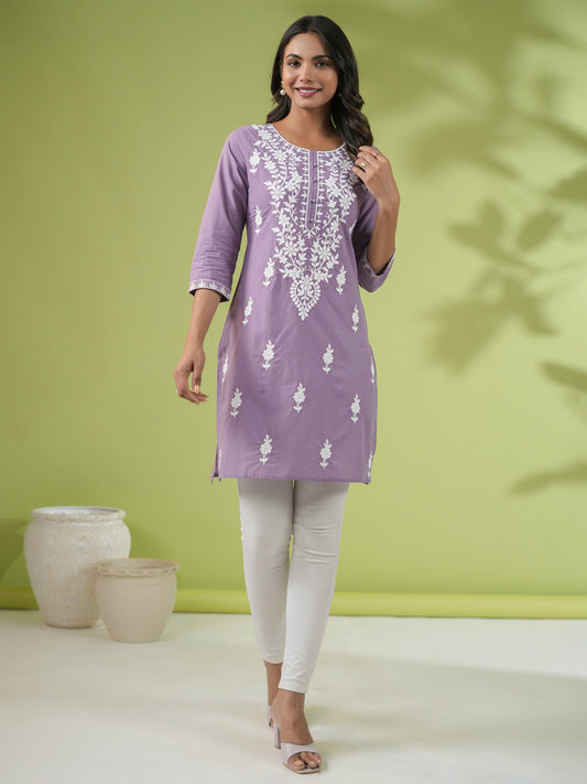 Cotton short kurti with chikan embroidery in lavender