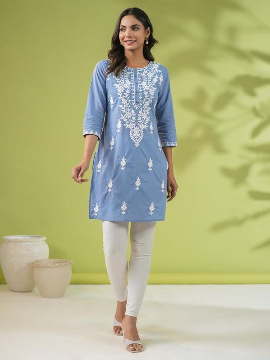 Cotton short kurti with chikan embroidery in blue