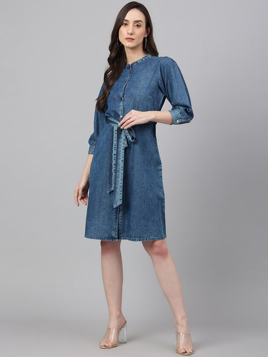 Denim blue dress- knee-length with belt