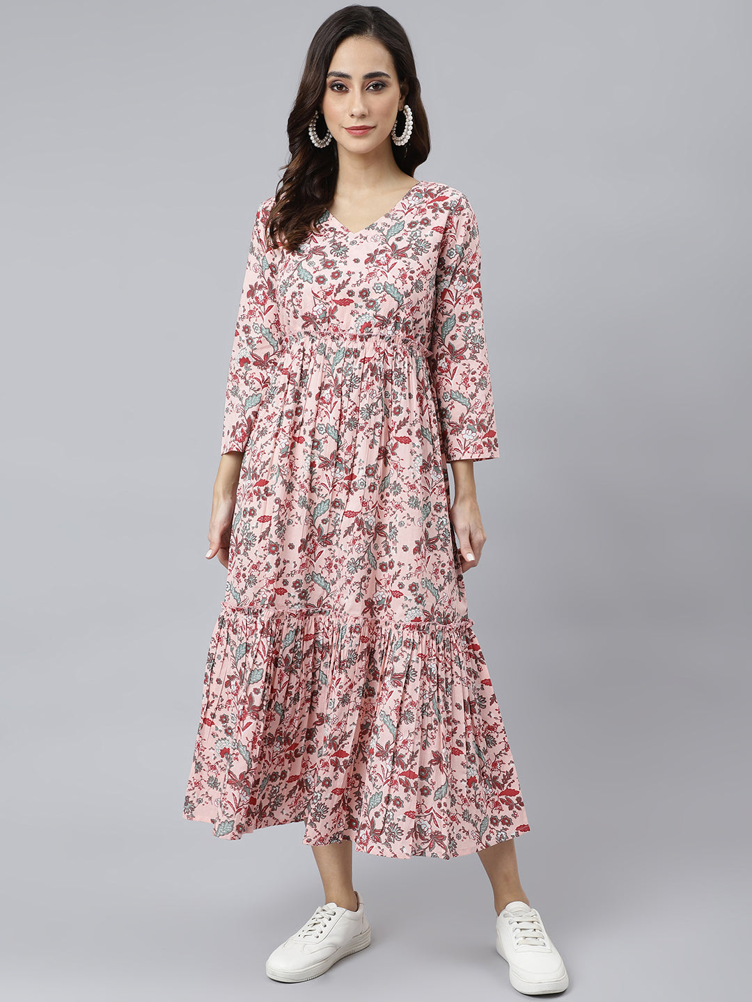 Cotton dress with floral prints in pink