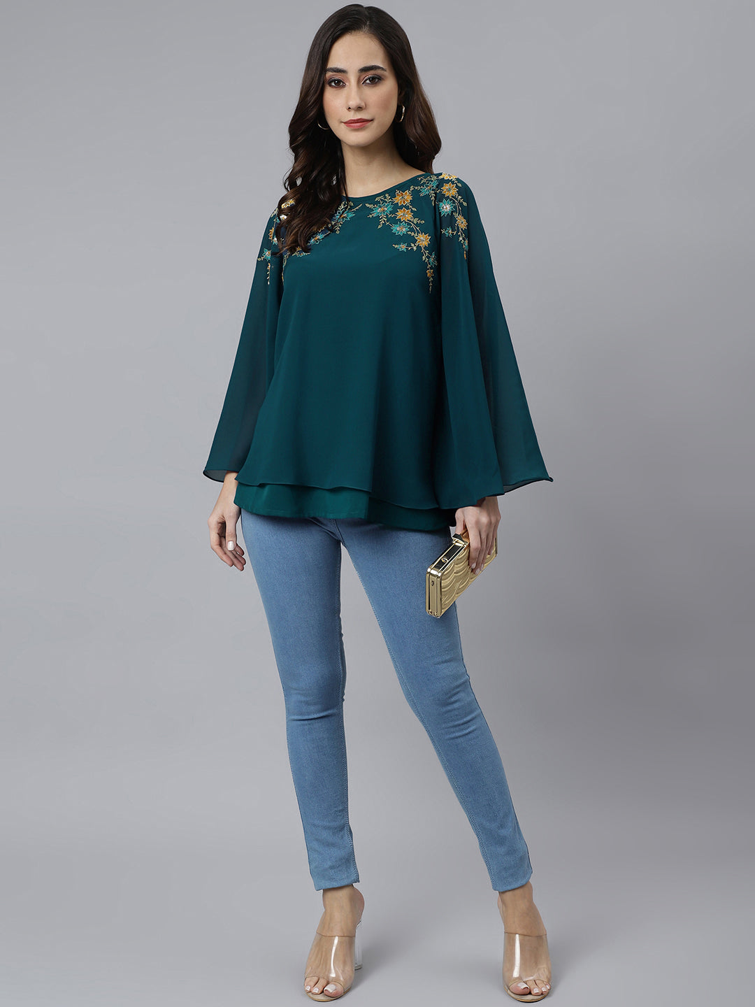 Georgette butterfly tunic top with embroidery on shoulders