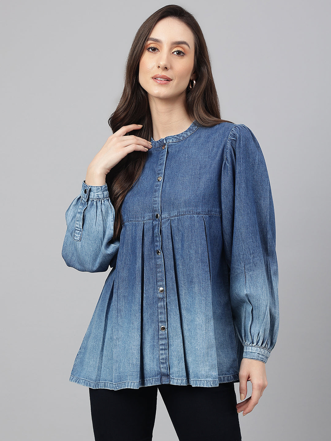 Denim tunic top in blue shades with full sleeves