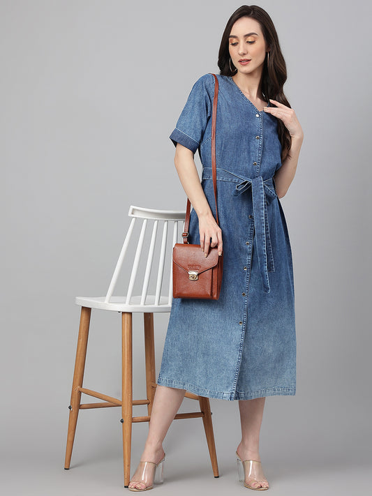 Denim blue shaded dress with half sleeves and belt