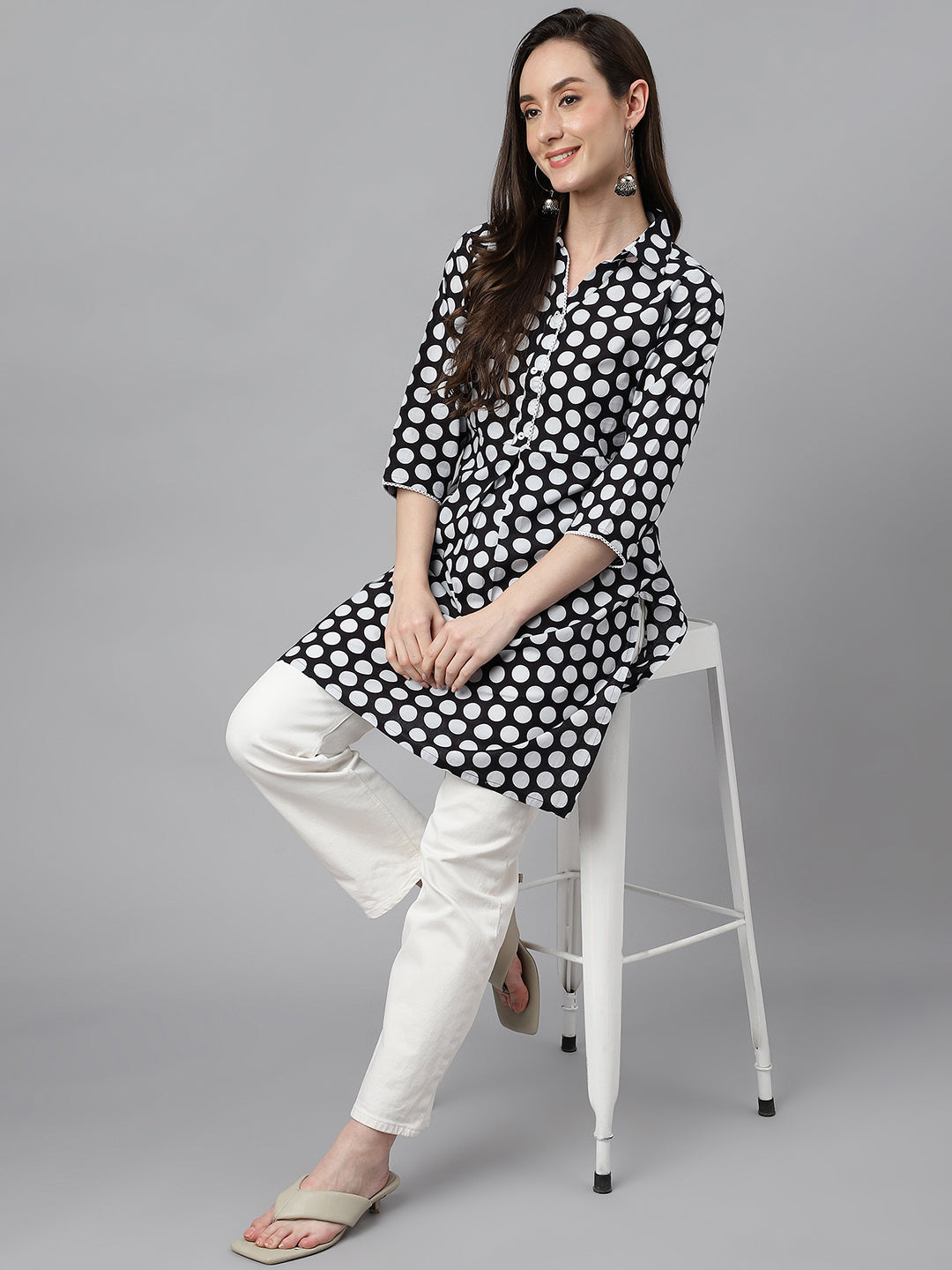 Cotton tunic top black with polka dots