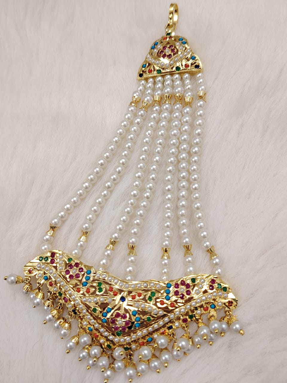 Traditional bridal jhoomer passa with semi-precious gemstones and pearls