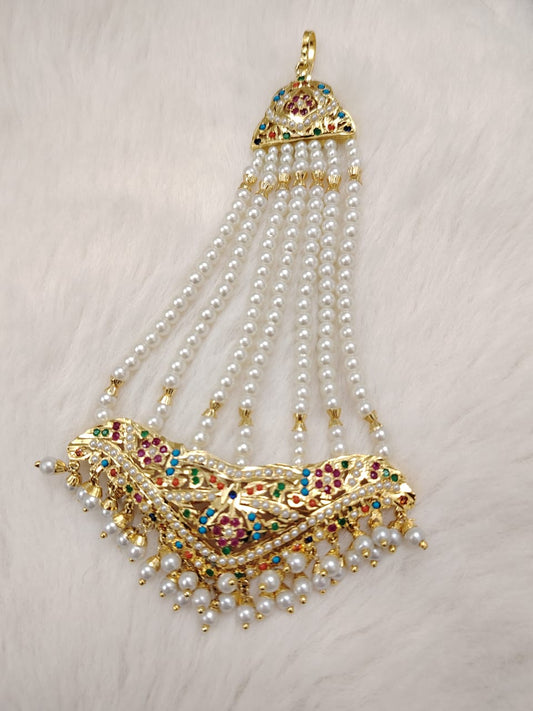 Traditional bridal jhoomer passa with semi-precious gemstones and pearls