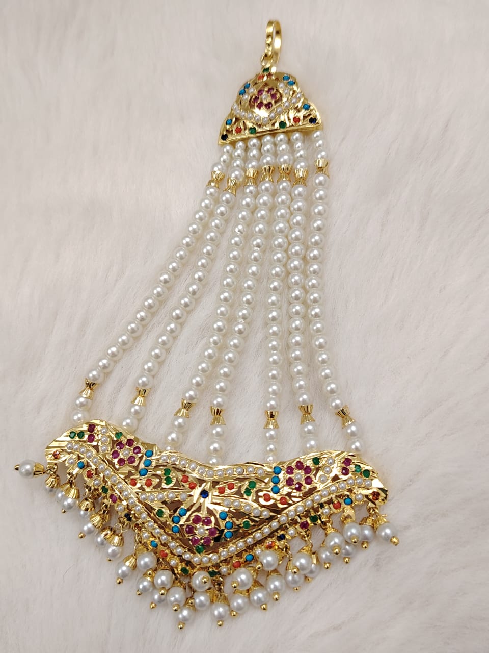 Traditional bridal jhoomer passa with semi-precious gemstones and pearls