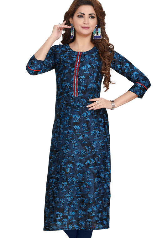 Cotton straight kurti in dark blue with batik print 