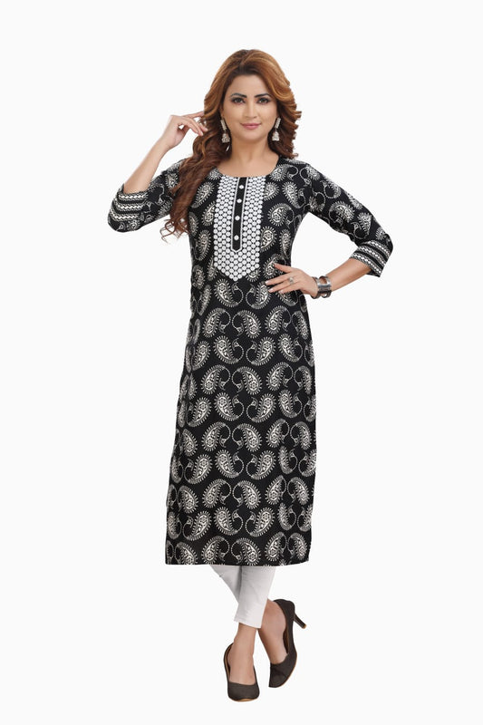 Cotton block print kurti with embroidered neck