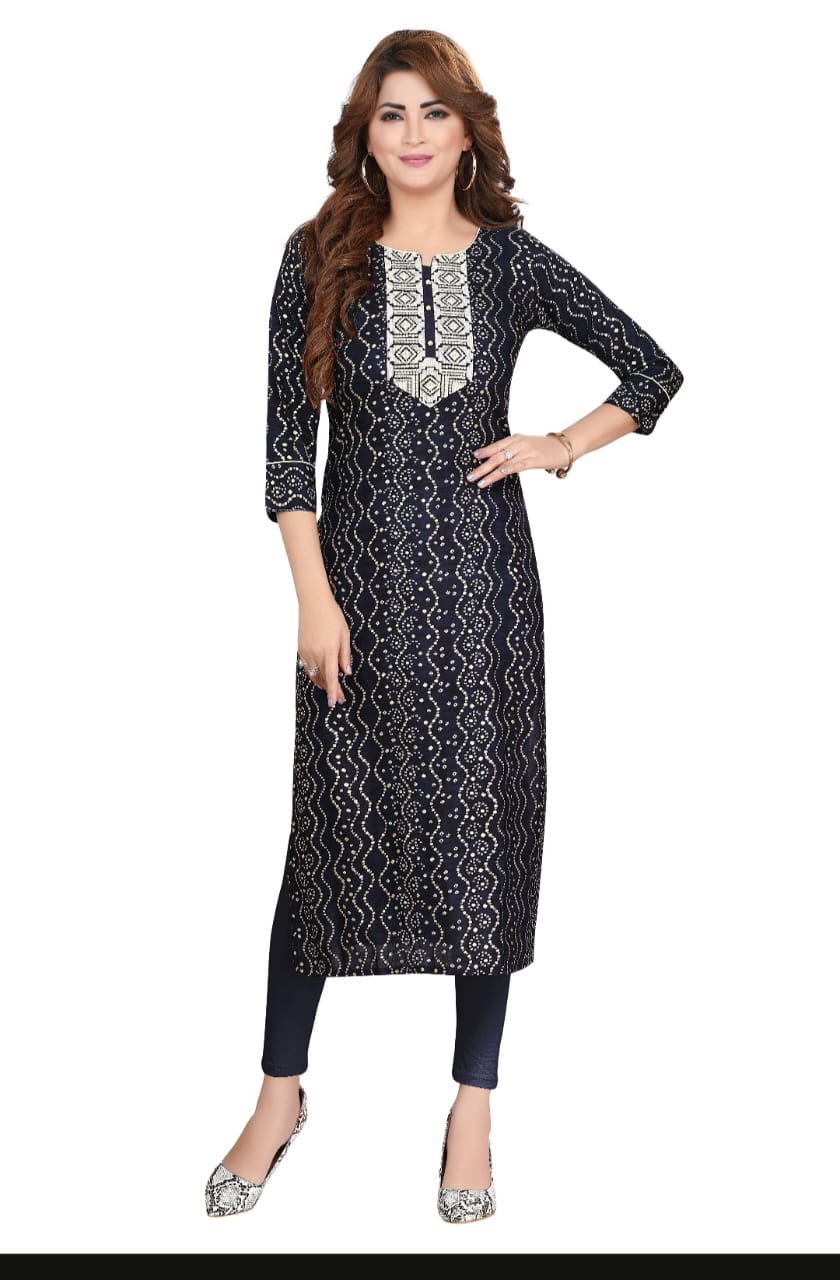 Rayon bandhni print kurti with embroidered yolk