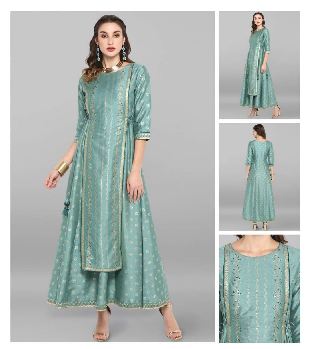 Crepe silk ethnic dress in pastel green with foil print