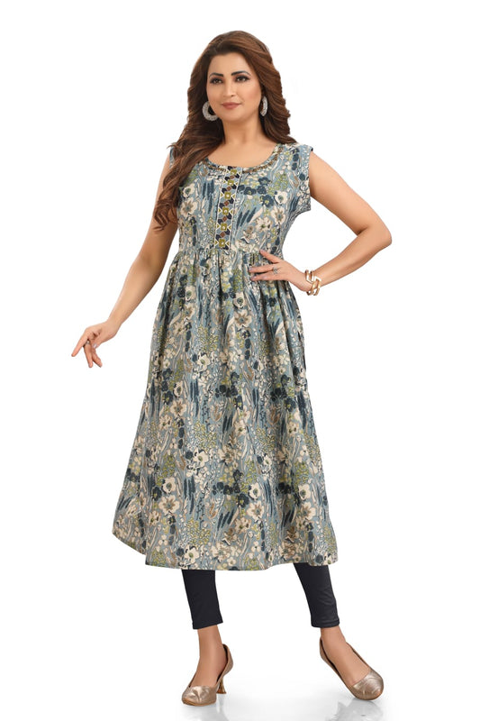Cotton sleeveless body frock with embroidered yolk