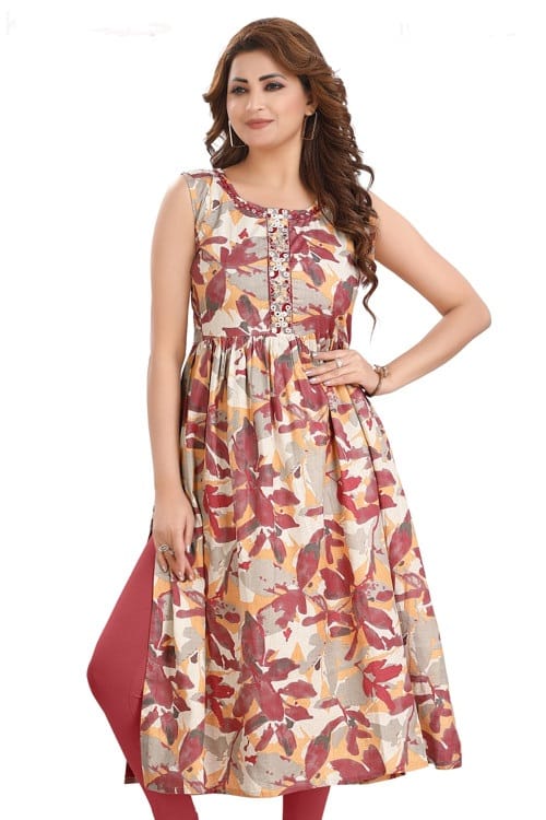 Cotton sleeveless body frock with sequence neckline
