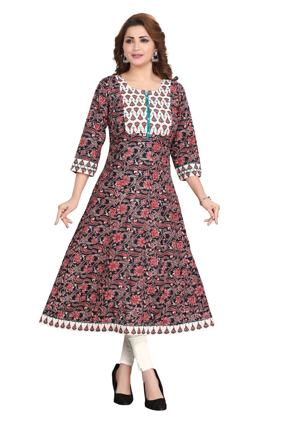 Cotton kalamkari body frock with mirror work and stone buttons