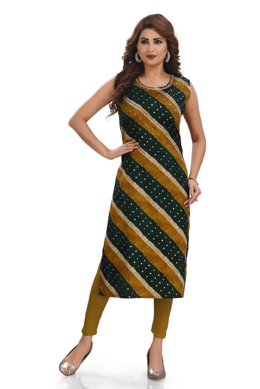 Cotton satin sleeveless kurti in green shades