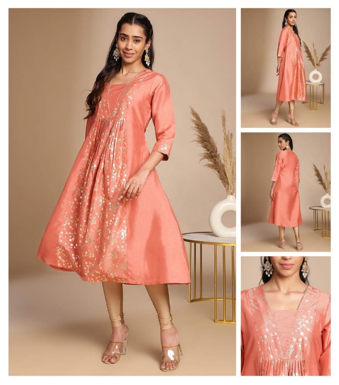 Crepe silk kurti in peach color with gota patti and foil print