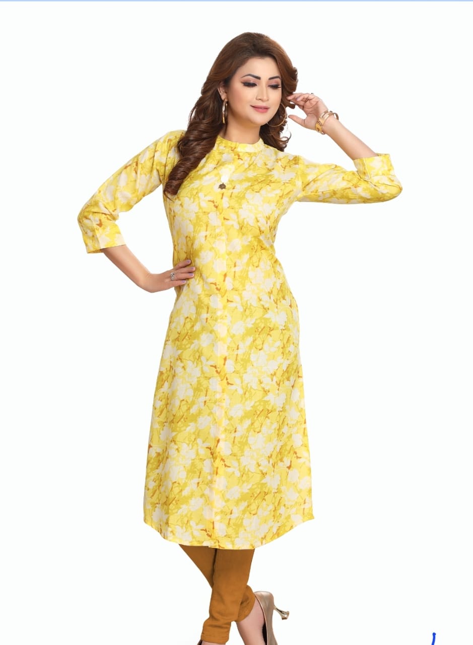 Linen A-line kurti in yellow and mint green shades
