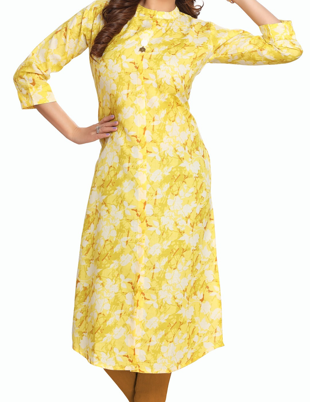 Linen A-line kurti in yellow, brown and mint green shades