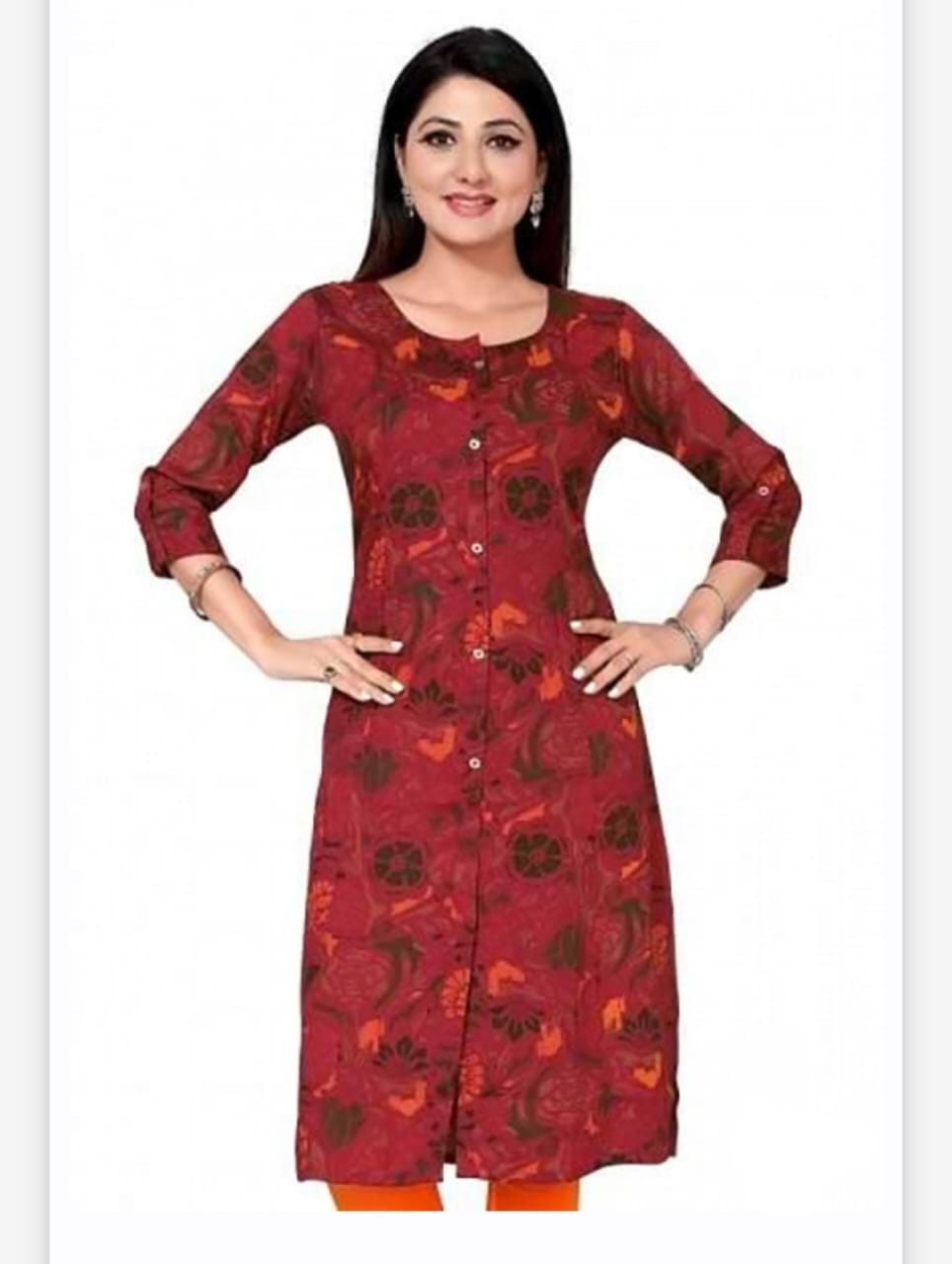 Linen maroon printed A-line kurti