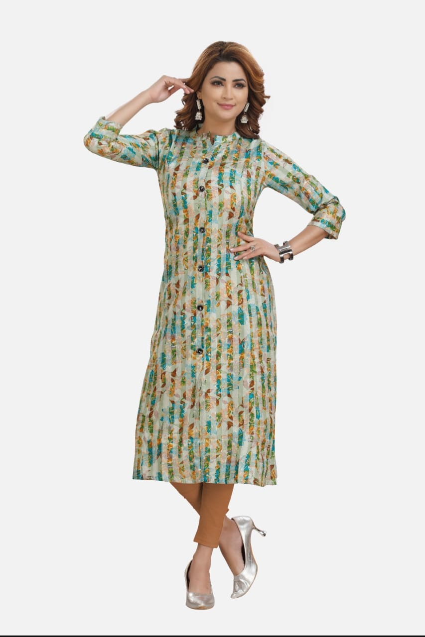 Linen kurti with floral prints in green shades