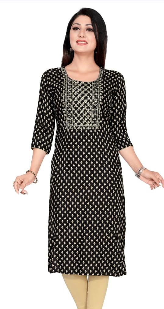 Rayon black kurti with aari and mirror work on yolk