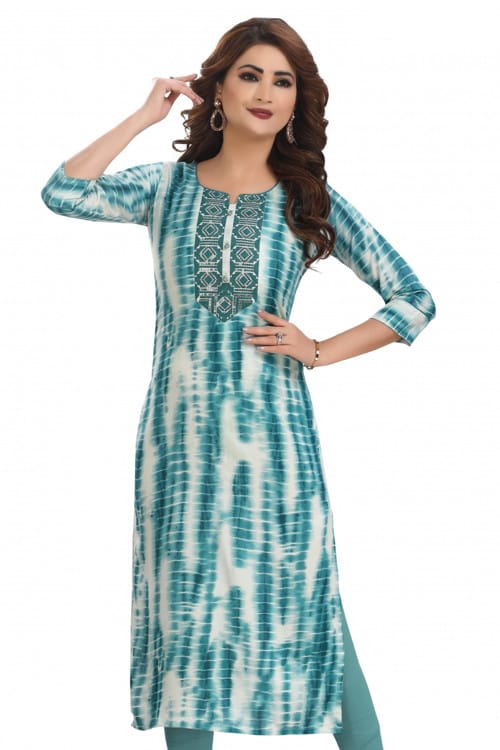 Rayon turquoise dyed kurti with embroidered yolk