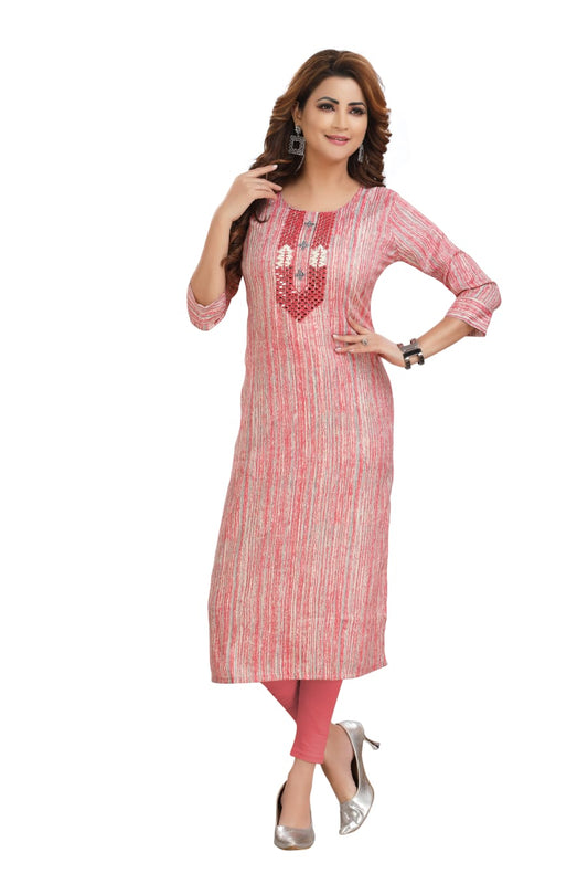 Synthetic linen kurti with embroidered  yolk