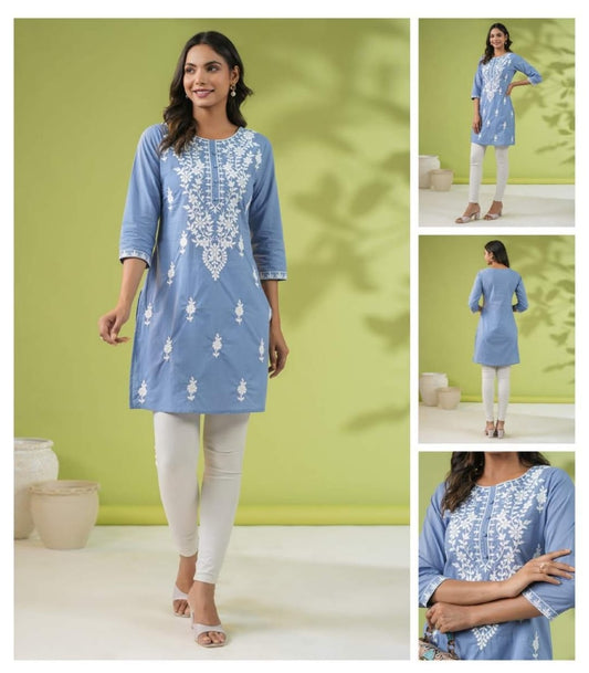 Cotton short kurti with chikan embroider in blue