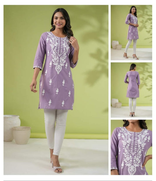 Cotton short kurti with chikan embroidery