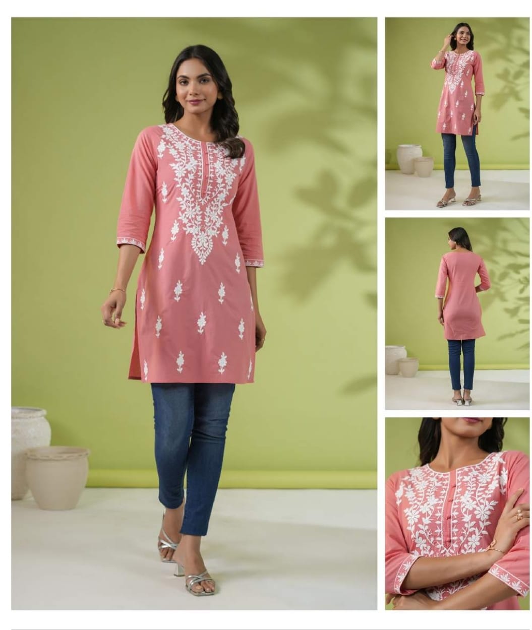 Cotton short kurti with chikan embroidery in peach