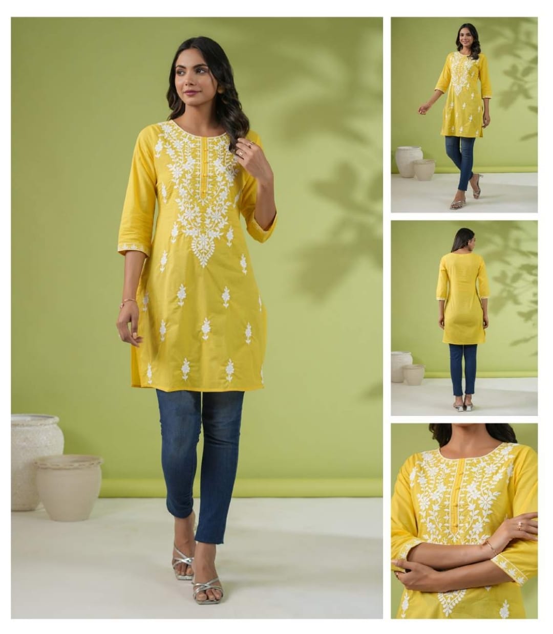 Cotton short kurti with chikan embroidery in yellow