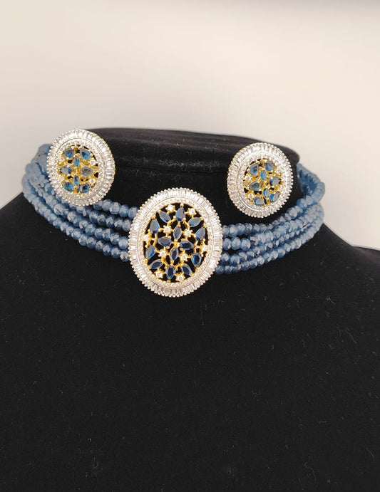 Dual tone blue sapphire choker with american diamonds and CZ stones